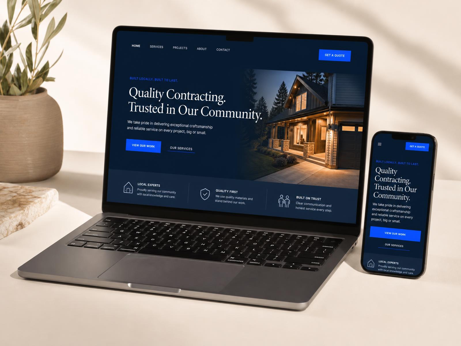 A local business website shown on a laptop and a phone, both with clear navigation and a prominent quote button
